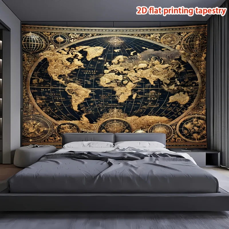 1Luxury Style World Map Canvas ，gold and Blue Marble Design，Dormitory Room Decoration