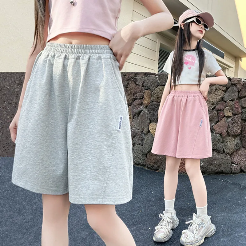 Brief Style Kids Summer Cotton Knit Shorts for Teen Girls Casual Vacation Beach Shorts Child Pink Grey Color Loose Fit Bottoms