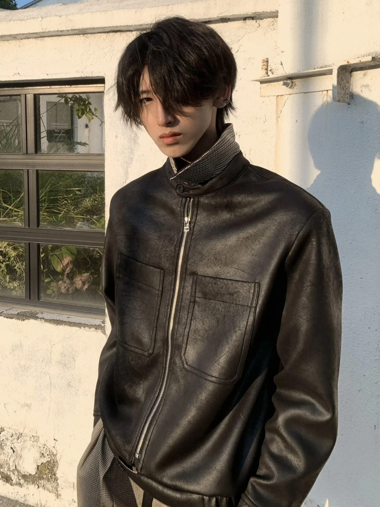 

American Sle Cra Design Flannel Lined Men's Autumn Winter Cleanfit ort Wide PU Leather Jaet Coat Youth Casual