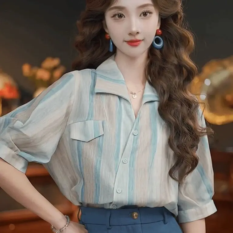 

Retro Striped Loose Short Sleeve Shirt Summer New Design Top