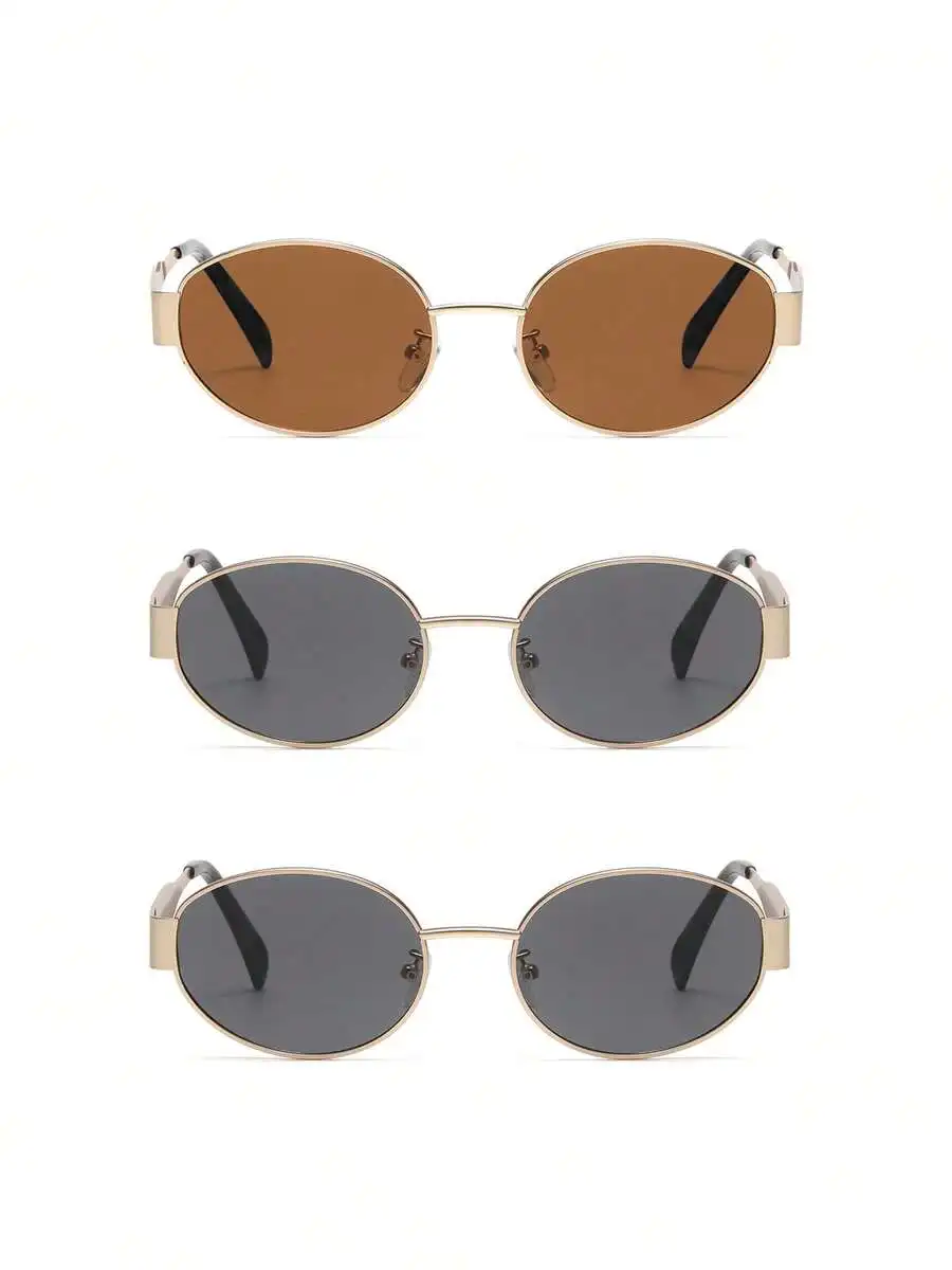 

3 Pairs Retro Oval Sunglasses For Women, Cat Eye Style, Light Gold Frame, Gray And Brown Lenses
