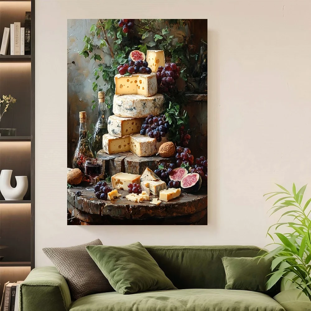 Cuadro enmarcado de 1 pieza estilo victoriano - Arte rústico para cocina de granja con queso, uvas, higos y vino, frutas realistas