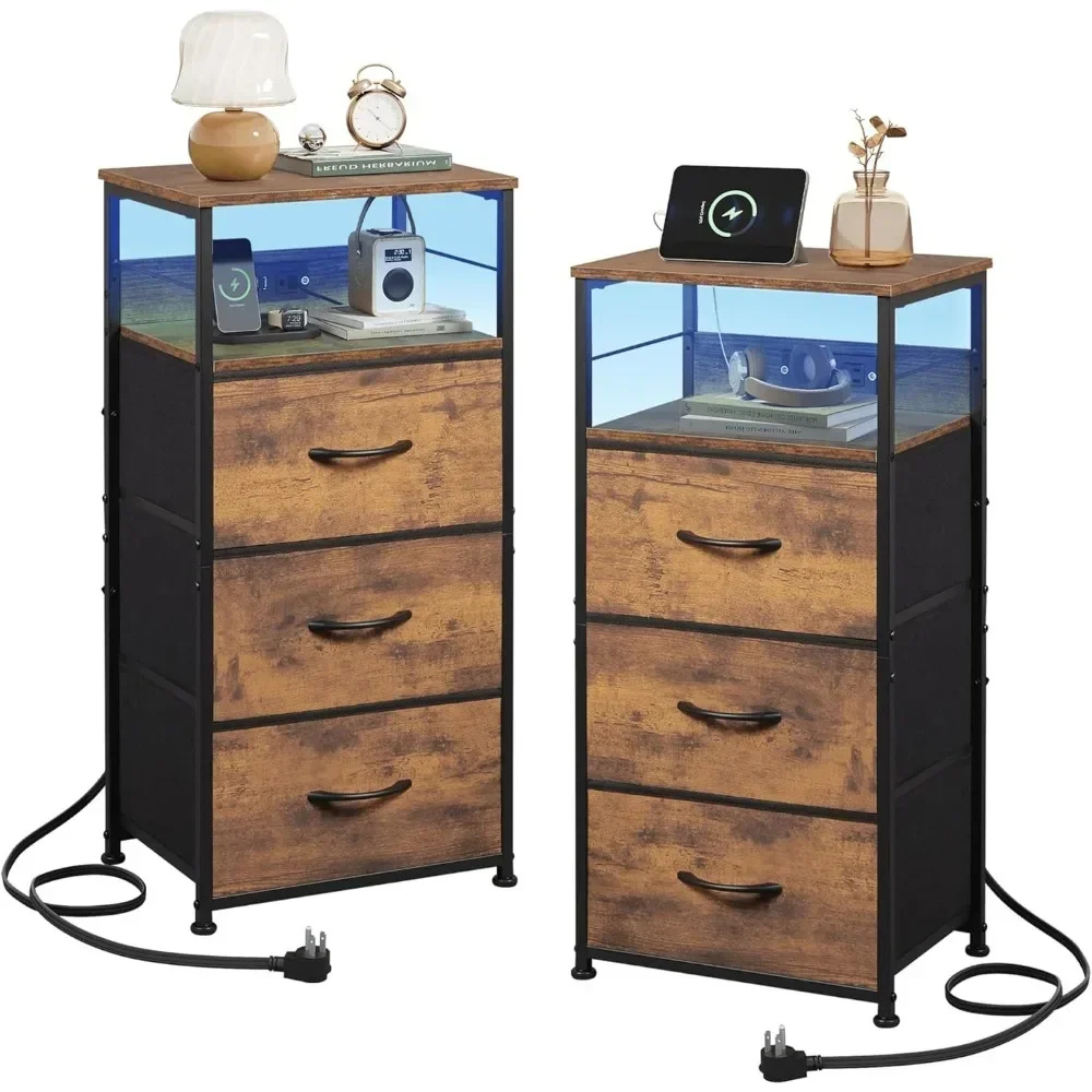 

Nightstand with Charging Station, Night Stand with 3 Fabric Drawers and Storage Shelf, Bedside Table w/ USB Ports and Outlets