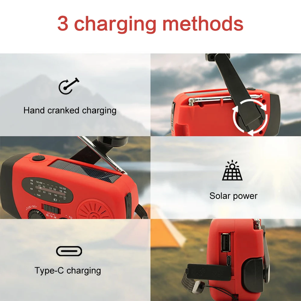 NEW Portable Solar Hand Crank Radio 2000mAh Multifunctional FM AM Radio USB Charging Emergency LED Flashlight Power Bank