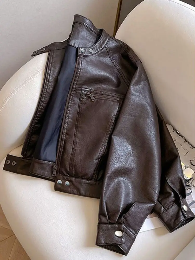 Amerikaanse locomotiefkleding Korte PU-leren jas Dames 2025, lente en herfst, nieuw klein ontwerp, opstaande kraag, jas tij