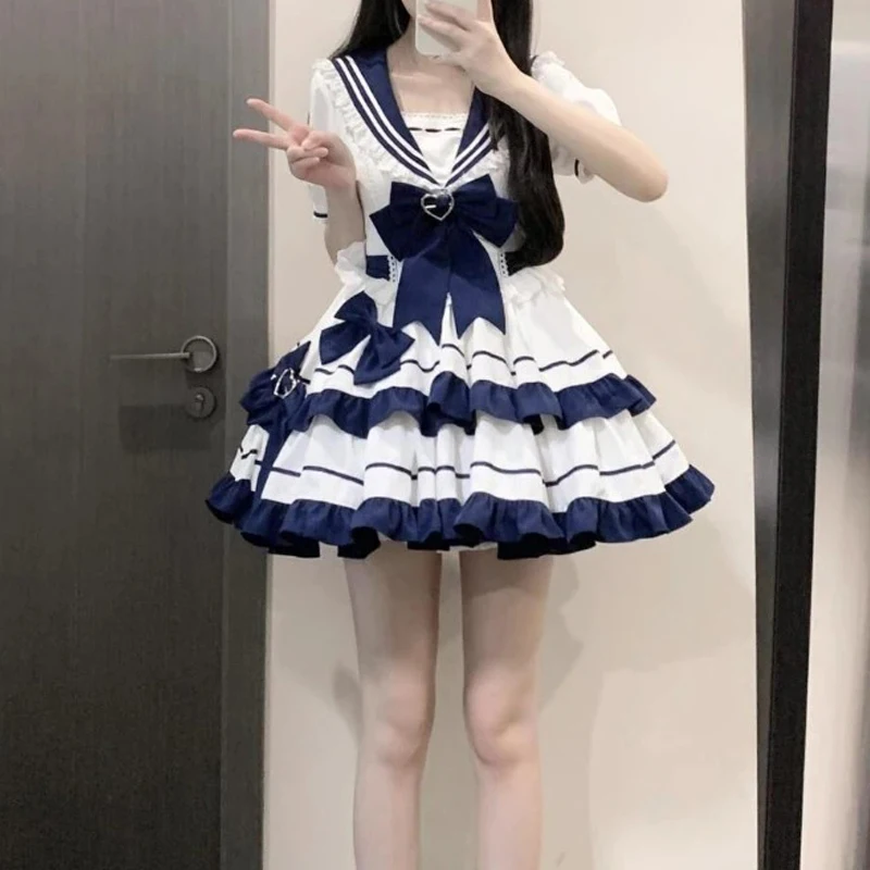 Women Sweet Bow Japanese Kawaii Lolita Style Op Dress Sailor Collar Short Sleeve Dresses Preppy Style Princess Party Mini Dress