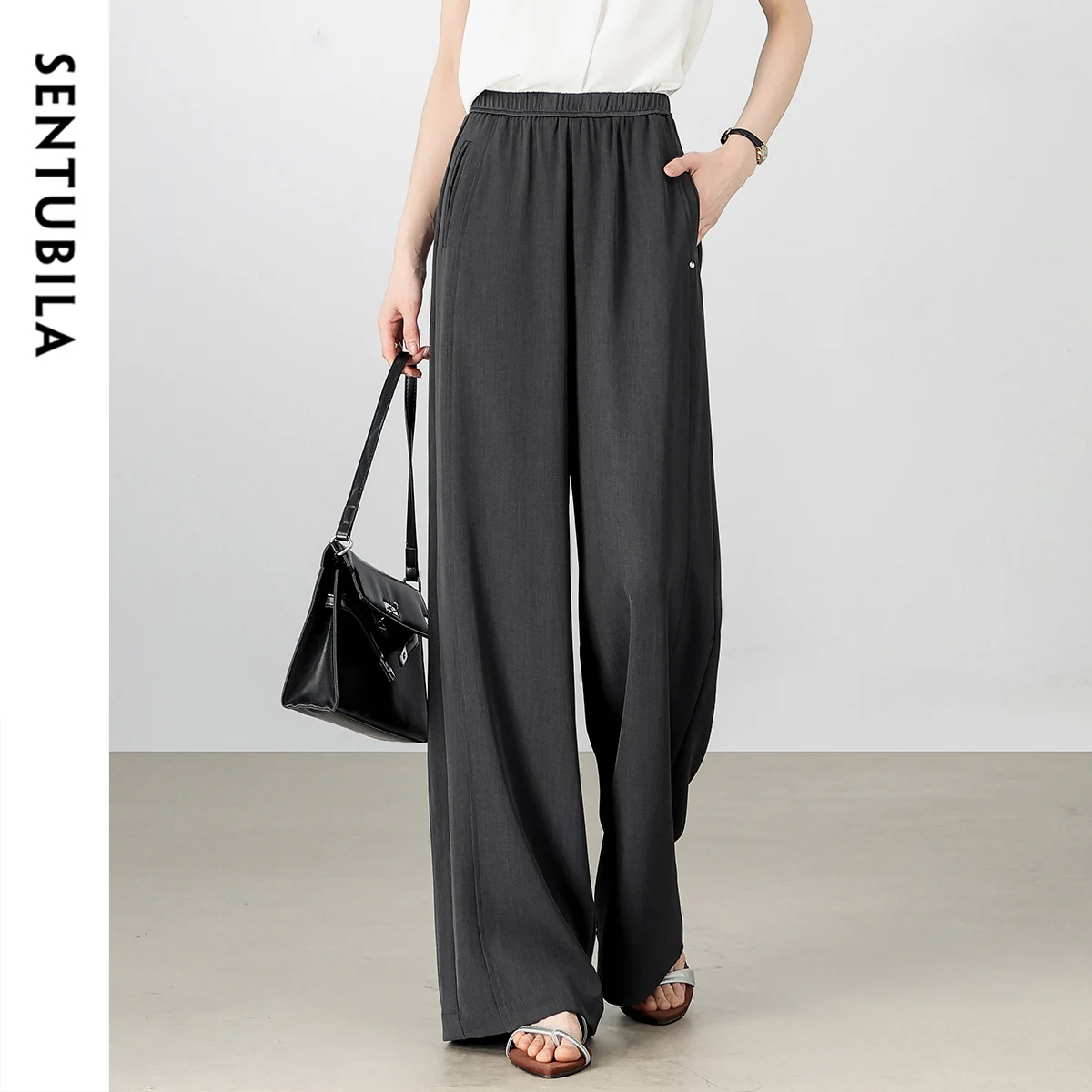 

SENTUBILA High Waist Womens Pants 2025 Loose Solid Color Fashion Pockets Full-length Commute Casual Trousers Lady 152KD1619