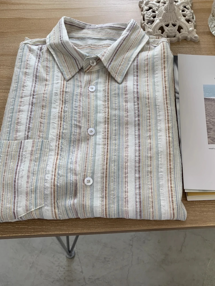 여성용 버튼업 셔츠 통기성 좋은 면마 스트라이프 블라우스 패션 긴팔 캐주얼 탑