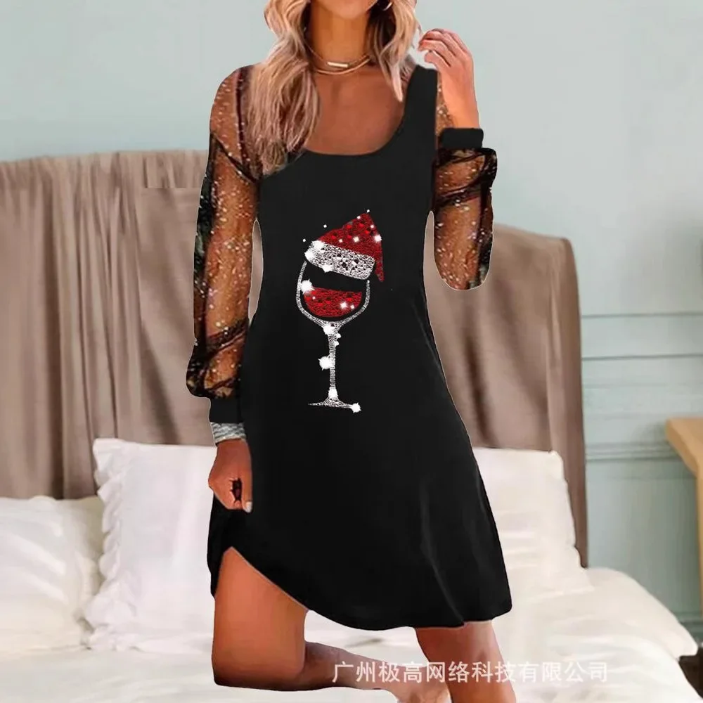 

2024 Autumn New Women's Christmas Wine Glass Printed Pullover Long-sleeved Dress Mini Short Black Fashion A Word
