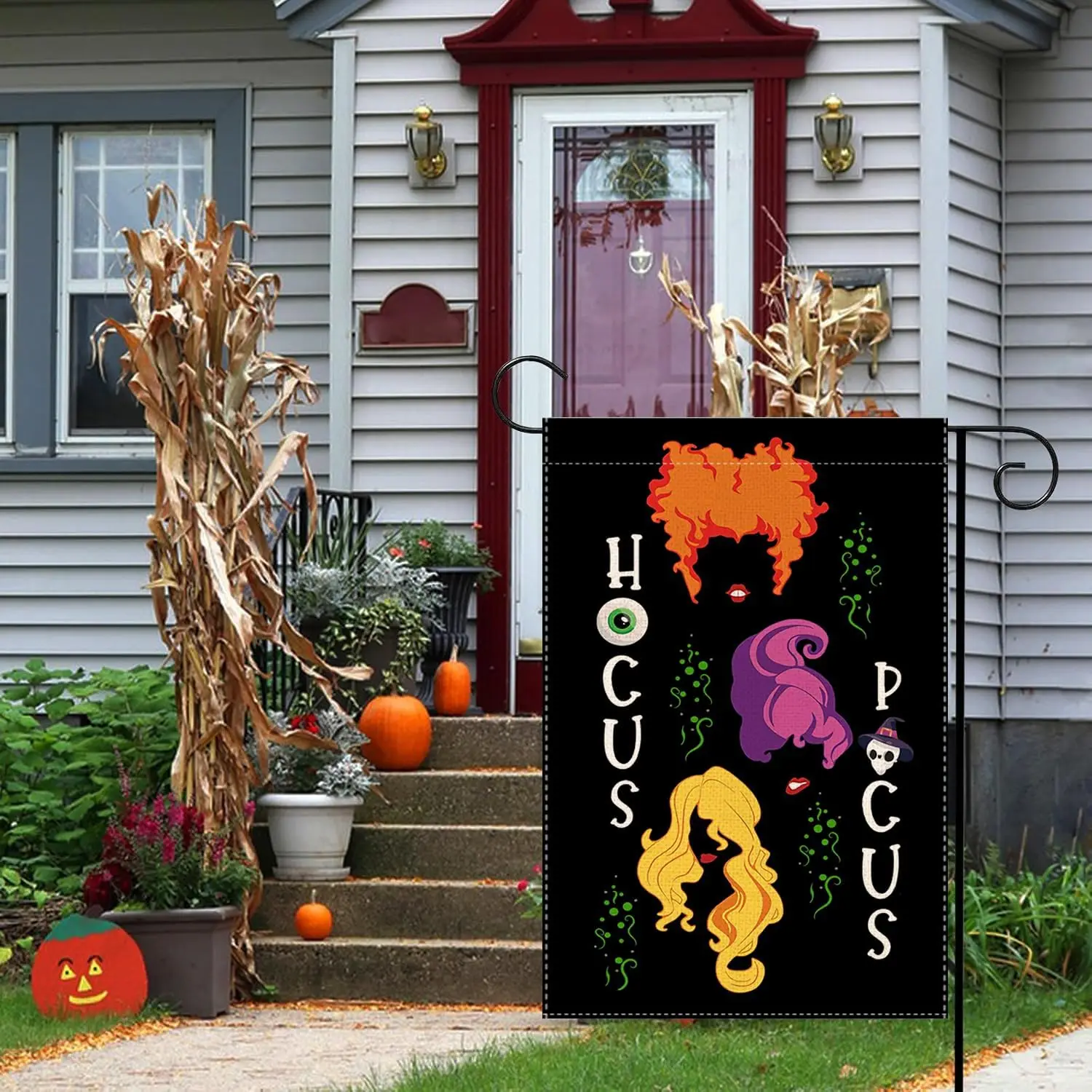 علم حديقة Hocus Pocus للهالوين، صورة ظلية ساحرة سوداء، علم مهرجان الحديقة المزخرف في الهواء الطلق، ديكور موسمي للهالوين FFI #5