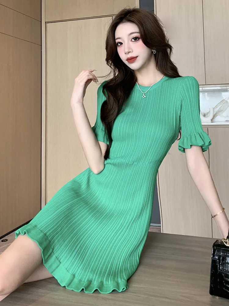 Women Summer O-Neck Knitting Dress Casual Vestidos Elegant Simple Office Party Dress Ladies Short Sleeve Sheath Pleated Dresses