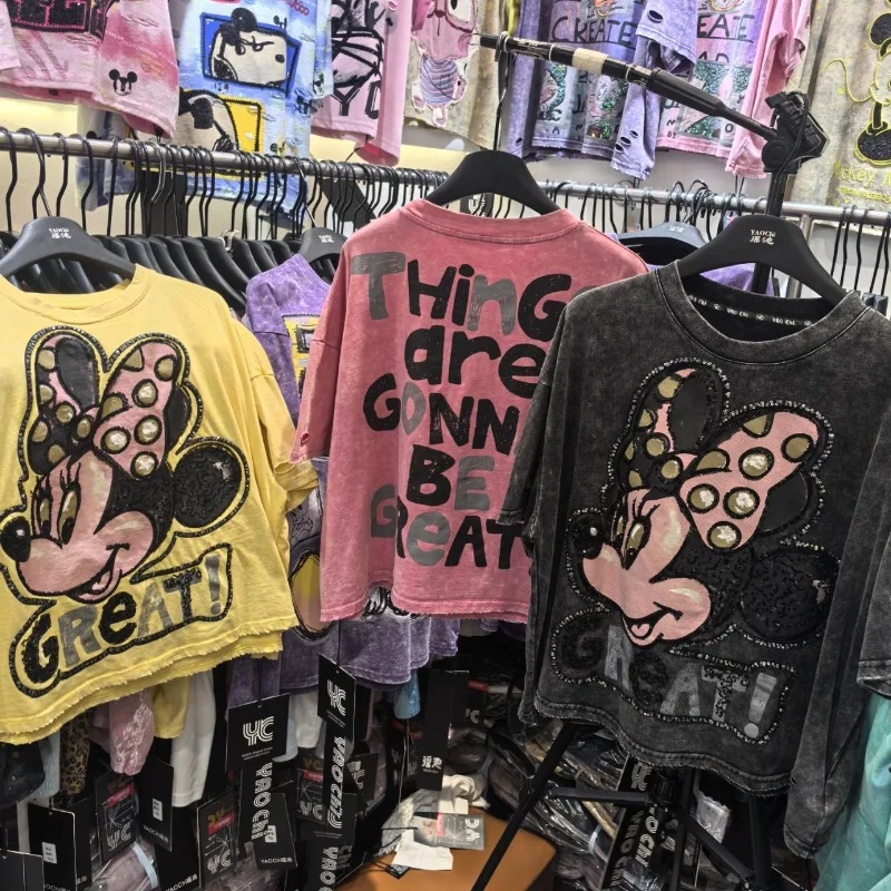 

High Quality Trendy Brand Full Diamond Mickey O-Neck Short Sleeved T shirt Korean Version Fashion Loose Tops Women Summer New