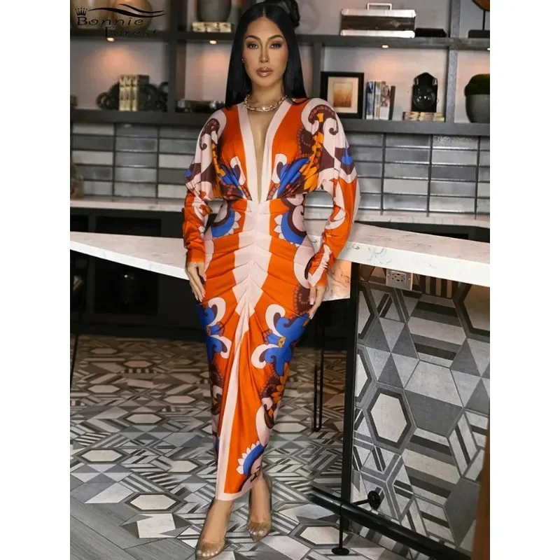 

Customized Forest Elegant Orange Multi Color Draped Front Long Maxi Dresses Casual Women Long Sleeve Fitted Night Clubwear Overa