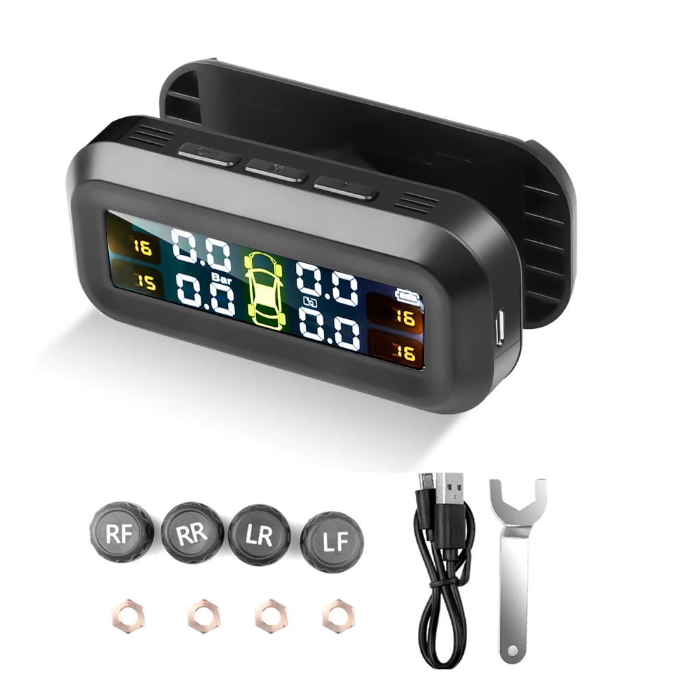 Solar Power TPMS Car Tire Pressure Monitoring System 4 Sensors Temperature Warning Windshield Attaching Auto Driving Safety Kit