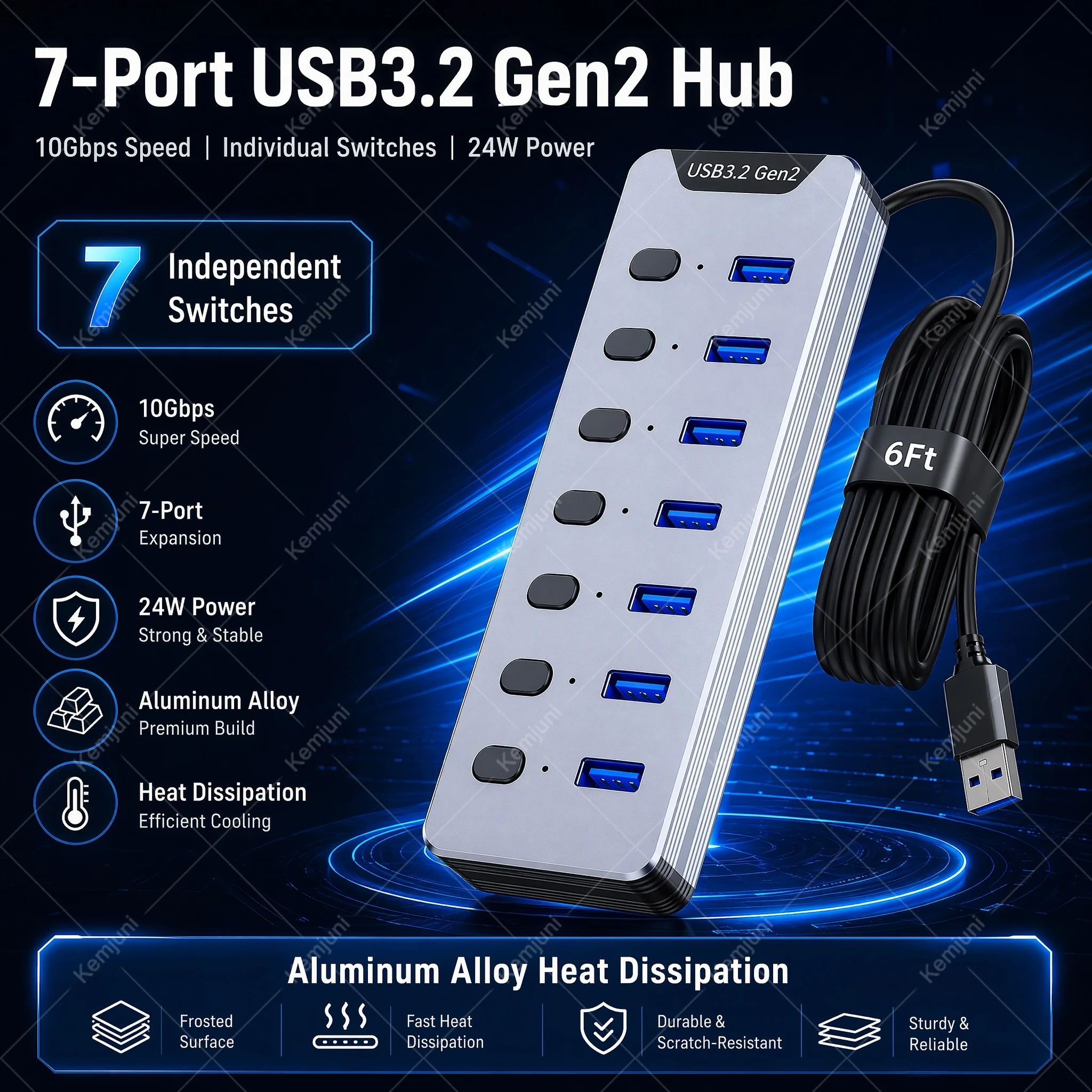

10Gbps USB 3.2 Gen2 Hub 7 Port Powered USB Splitter Aluminum Shell Individual Switch USB Extender for Laptop Mobile HDD