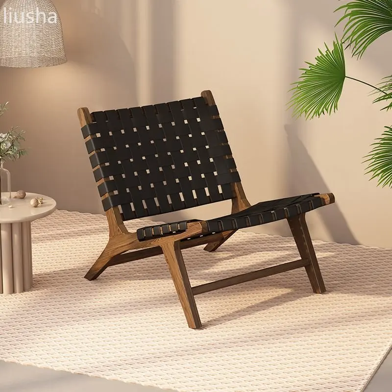 

Rope woven solid wood single sofa chair, Nordic balcony lounge chair, Japanese style small house backrest lazy chair chairs