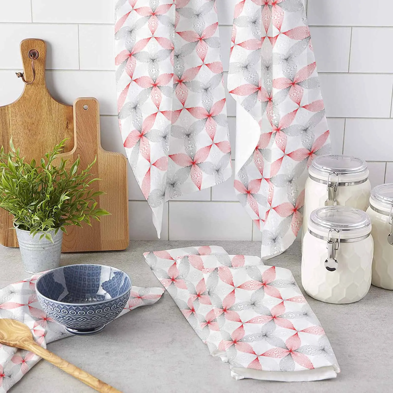 Modern Art Geometric Pattern Red Kitchen Towel Absorbent Dish Cloth Tableware Towel for Kitchen Household Cleaning Tool