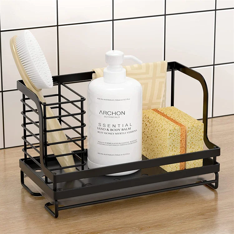 

Kitchen Sink Organizing Box Caddy with Drain Tray Try Sponge Scrubber Brush Wiping Cloth Bracket Counter Stainless Steel