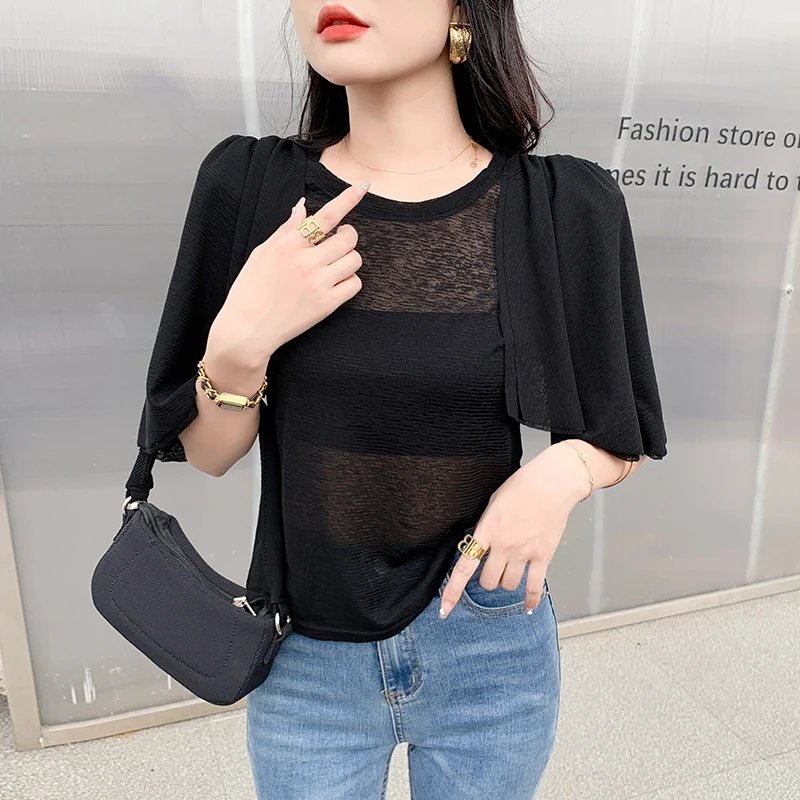 MadBlack Summer European Clothes Thin Tshirts Women Sexy  Semi-Transparent Slim Tops Puff Sleeve Shoulder Pad Stretchy T35611M