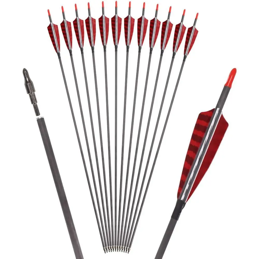 

12-Pack 30 Carbon Fiber Hunting Arrows with 600/700 Spine, 100 Grain Screw Tips, and 4 Turkey Feathers