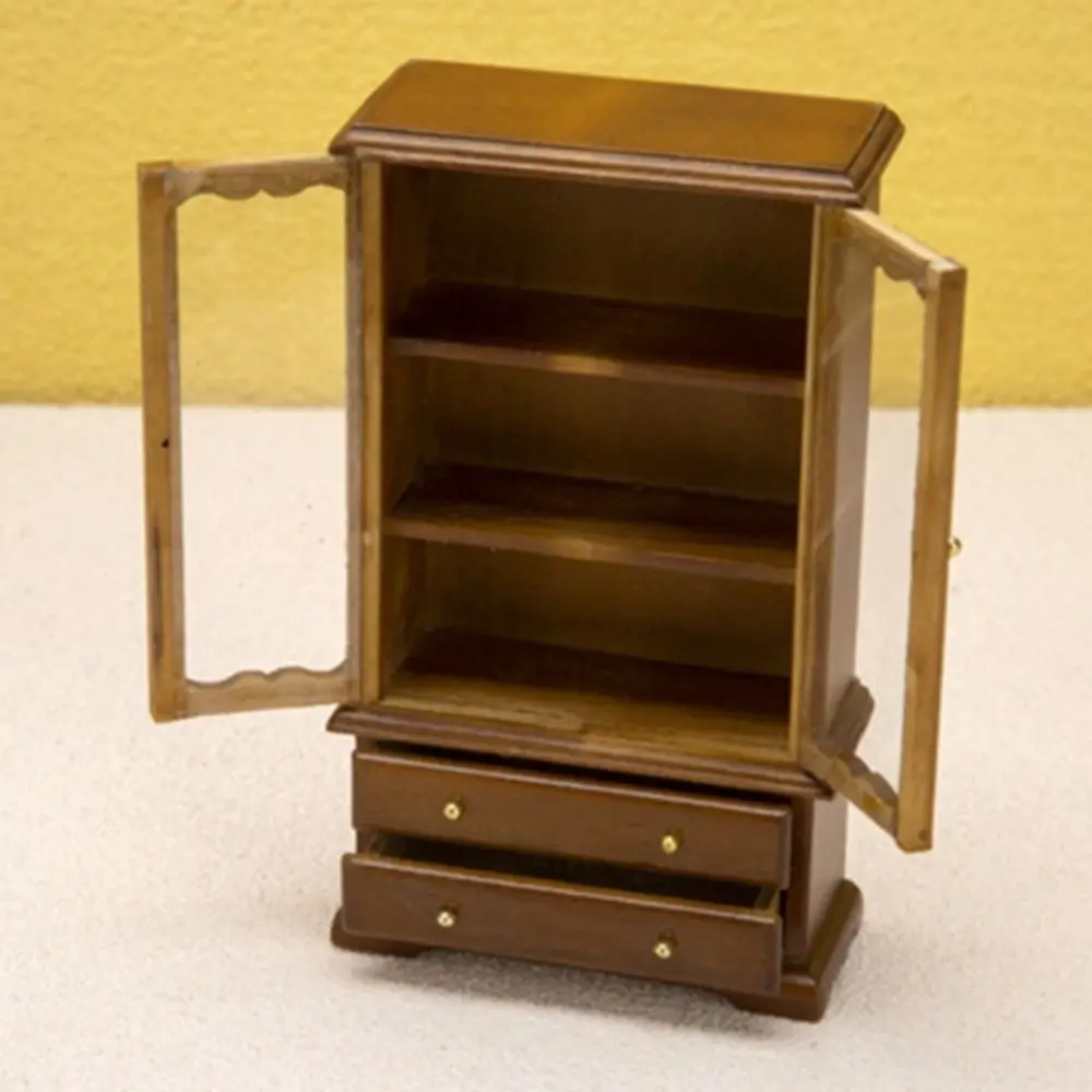 1:12 Miniature Furniture Model Wooden Three Layer Pretend Play Toy Display Cabinet Double Door Doll House Accessories Party