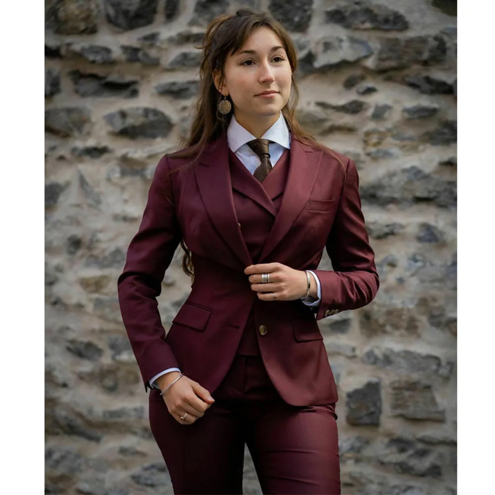 Traje Formal de viaje para mujer, ropa de trabajo de 3 piezas, Blazer burdeos, pantalones, conjunto de chaleco de doble botonadura, trajes de Dama