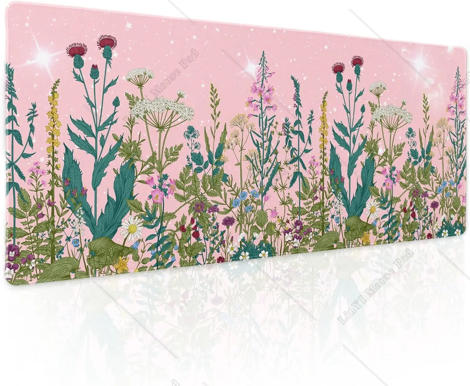 Pink Wildflower Large Mouse Pad Space Galaxy Cute Floral Extended Large Desk Mat Non-Slip Rubber Base Stitched Edge for Office