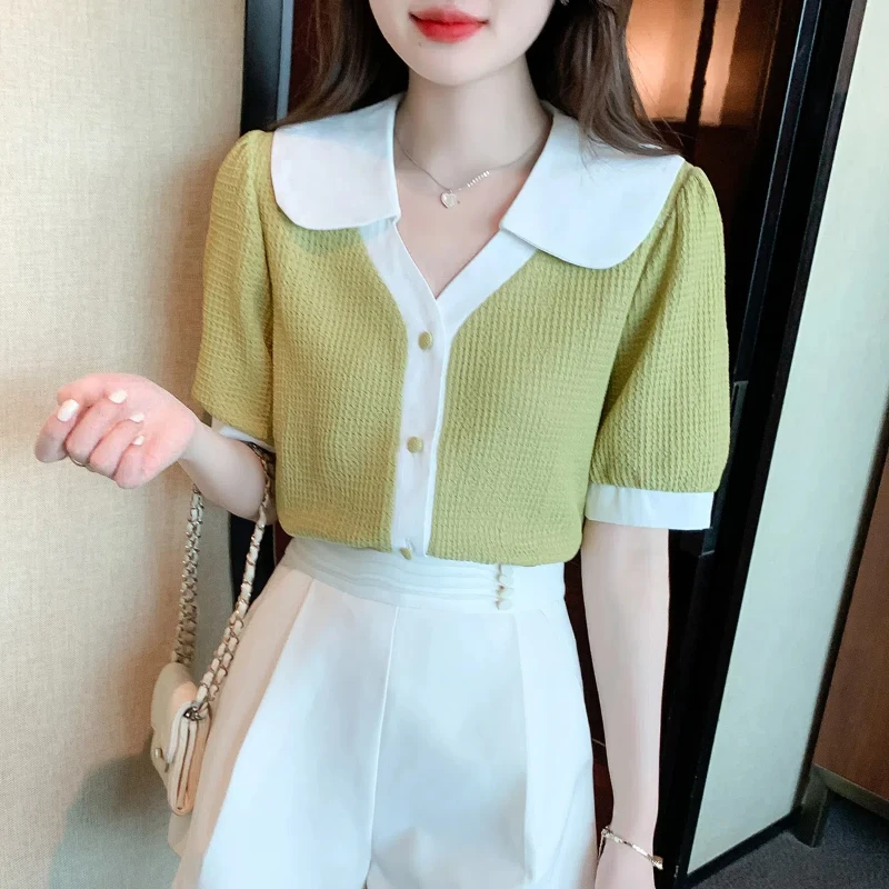 Fashion Contrast Button Shirt Tops Summer New Short Sleeve All-match Youth Solid Sweet T Shirts Elegant Korean Women Clothing