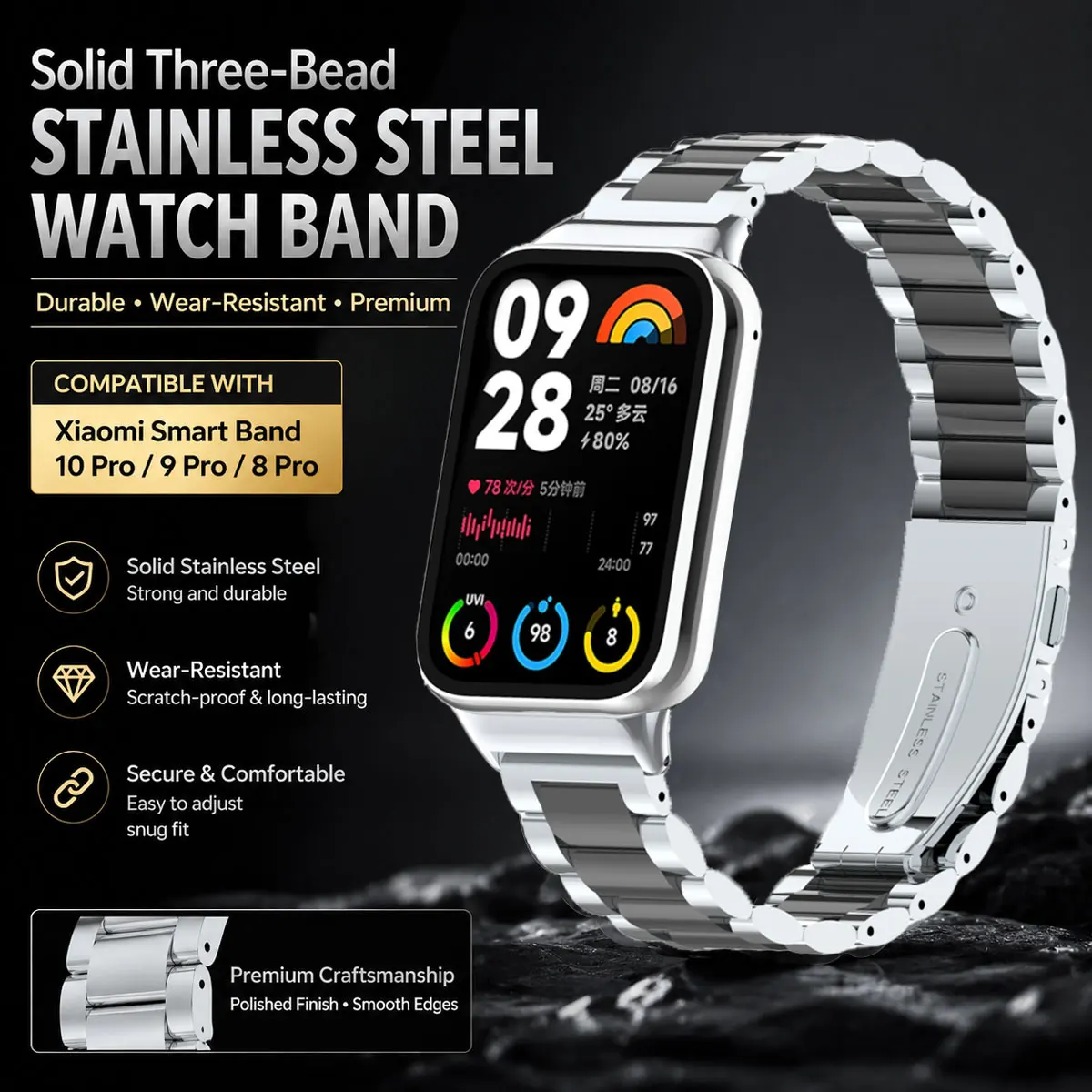 Three Bead Stainless Steel Strap For Xiaomi Band 10 Pro 9 Pro 8 Pro Solid Metal Link Adjustable Fold Buckle Watch Wrist Band