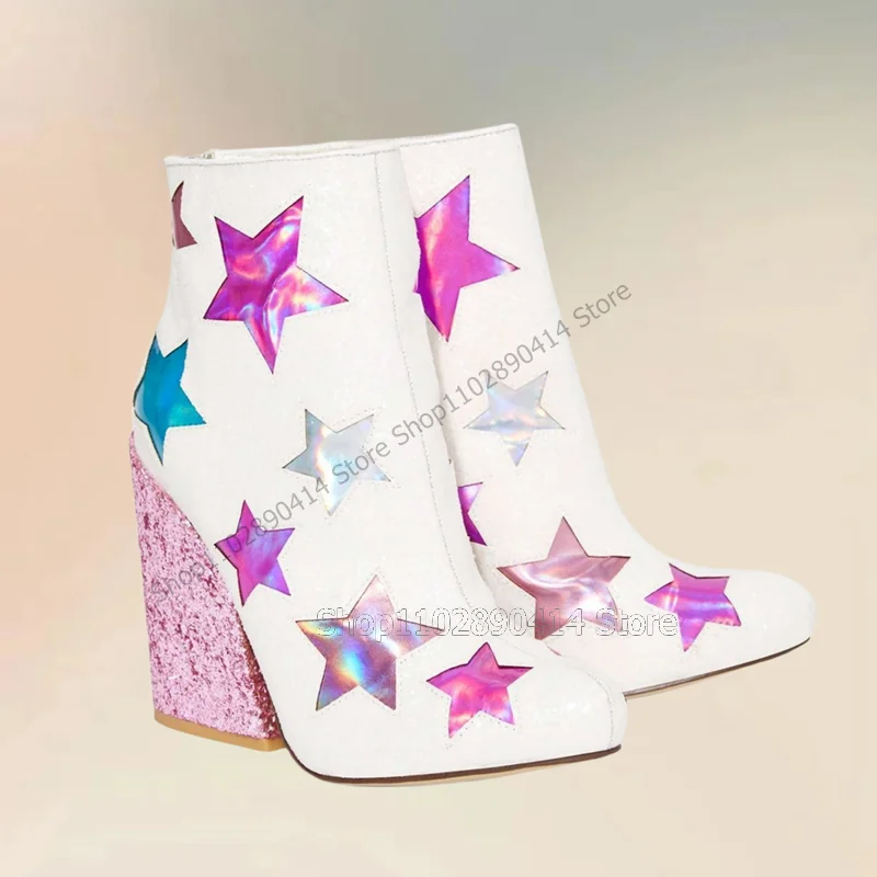 

Colorful Glitter Star Design White Pointed Toe Boots Back Zipper Women Shoes Chunky High Heels Fashion 2024 Zapatos Para Mujere