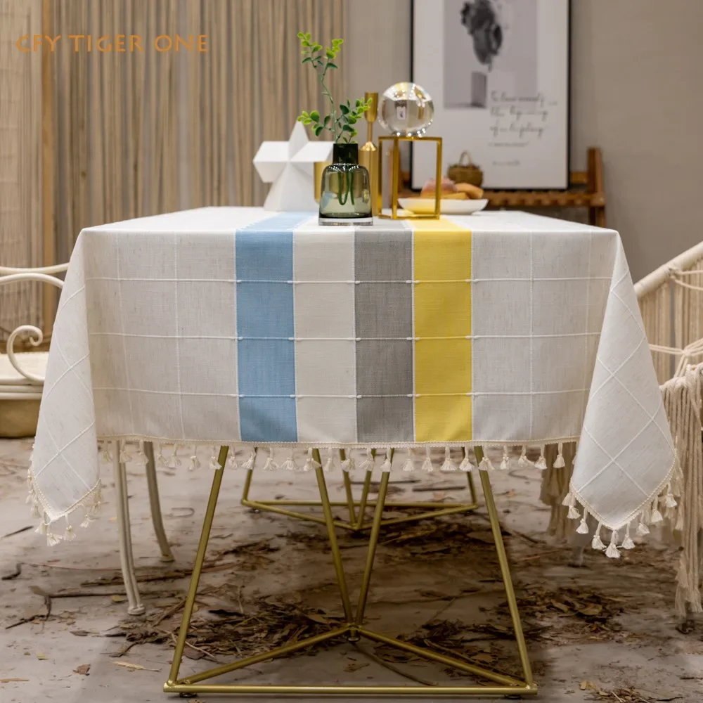 Cotton Linen European Colored Stripes Tablecloth  Antifouling Rectangular Tablecloth Oil Resistant Coffee Table Mat Table Cover