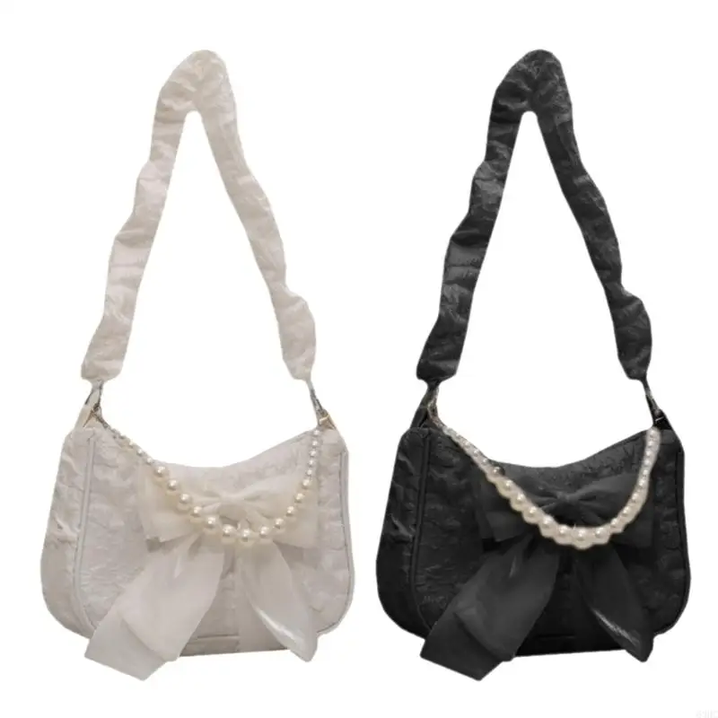 

63HC Stylish Shoulder Bag Female Bag with Lace Pleats Fashionable Nylon Underarm Bag