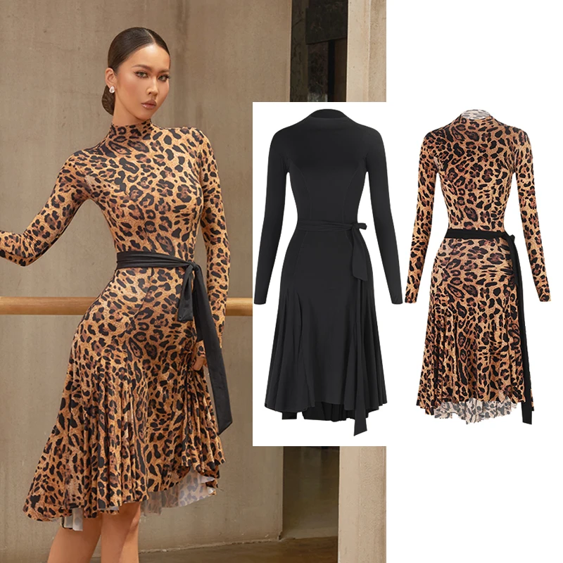 

ZYM платье для латинских танцев женское с длинными рукавами и открытой спиной сексуальное черное леопардовое платье румба-ча-ча тренировочная одежда для соревнований DNV24644