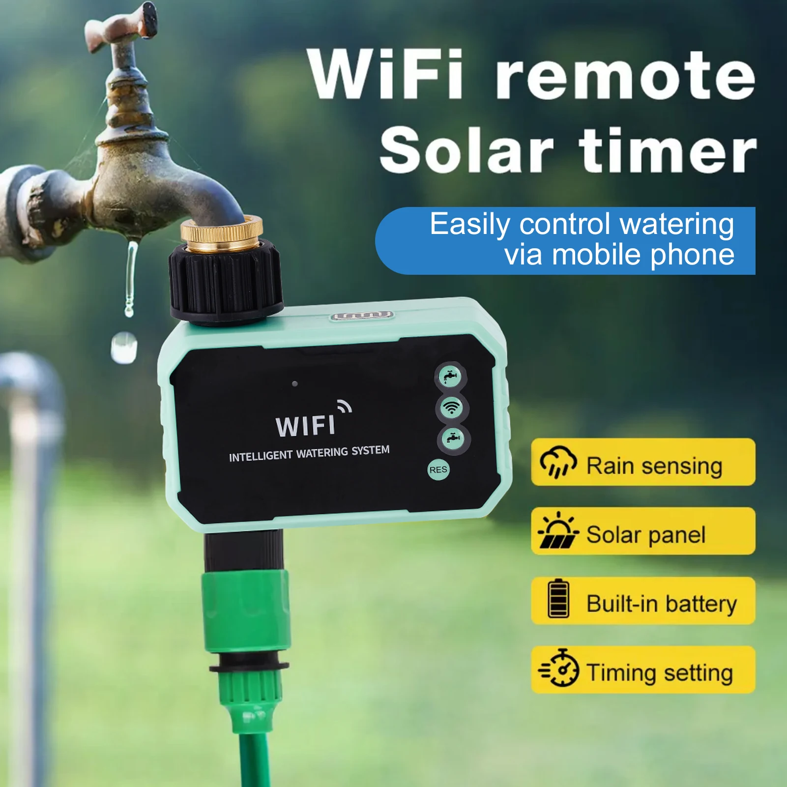 

Солнечный Wi-Fi таймер полива с дистанционным управлением через приложение, датчиком дождя, регулируемой панелью, автоматический контроллер для наружного полива газонов