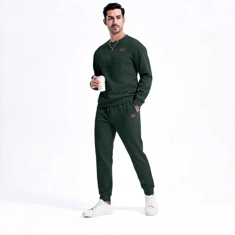 الربيع والخريف البلوز الرجال الرياضة عارضة بلون جولة الرقبة سترة جاكار قطعتين مجموعة