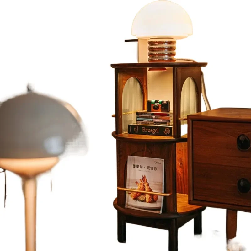 Retro American walnut mobile rotating edge table, living room sofa storage tea cabinet