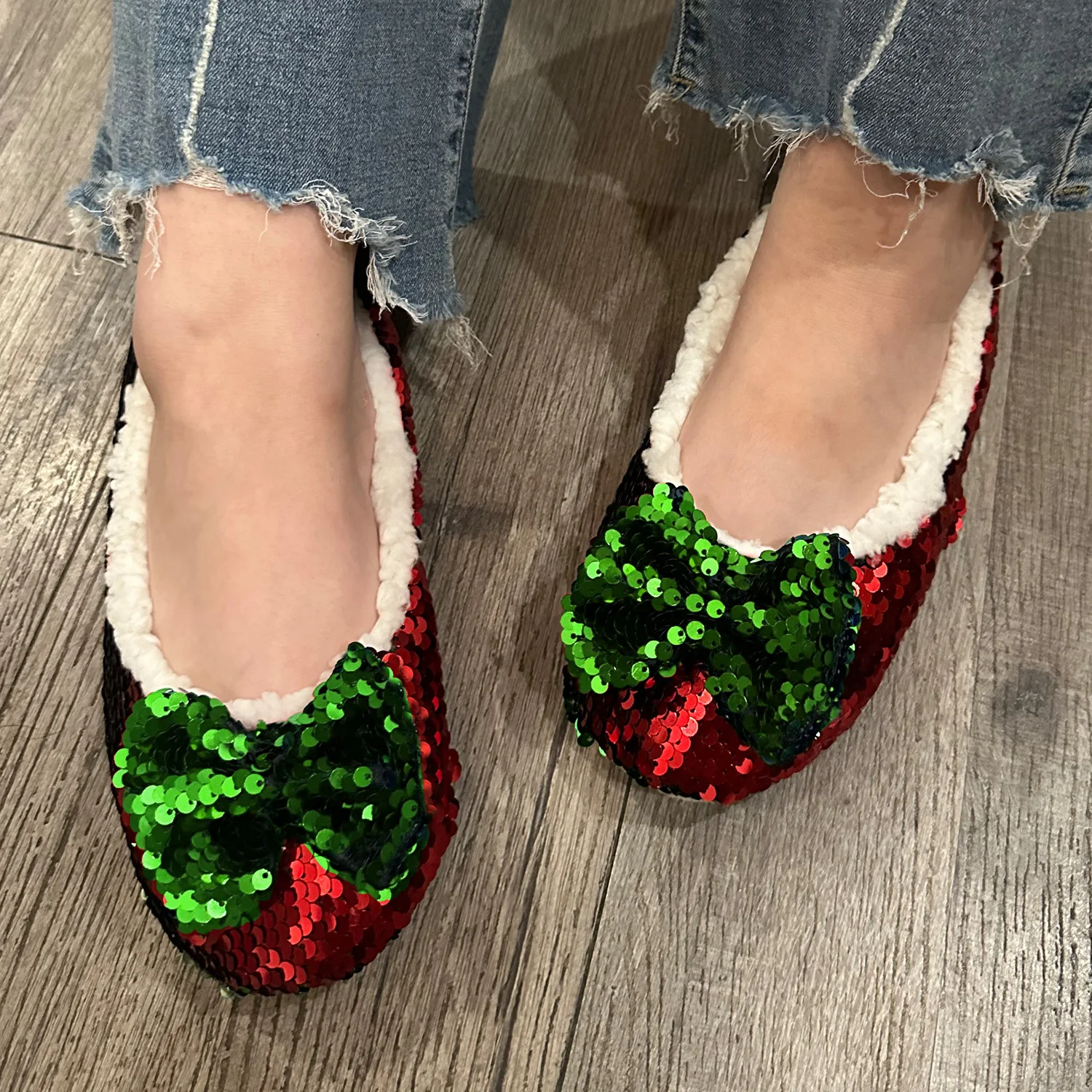 Womens Sequins Ballerina Ballet Flats, Paillettes Spangles Decor Indoor Slip On Shoes, 2 Reversible Colors Red & Green