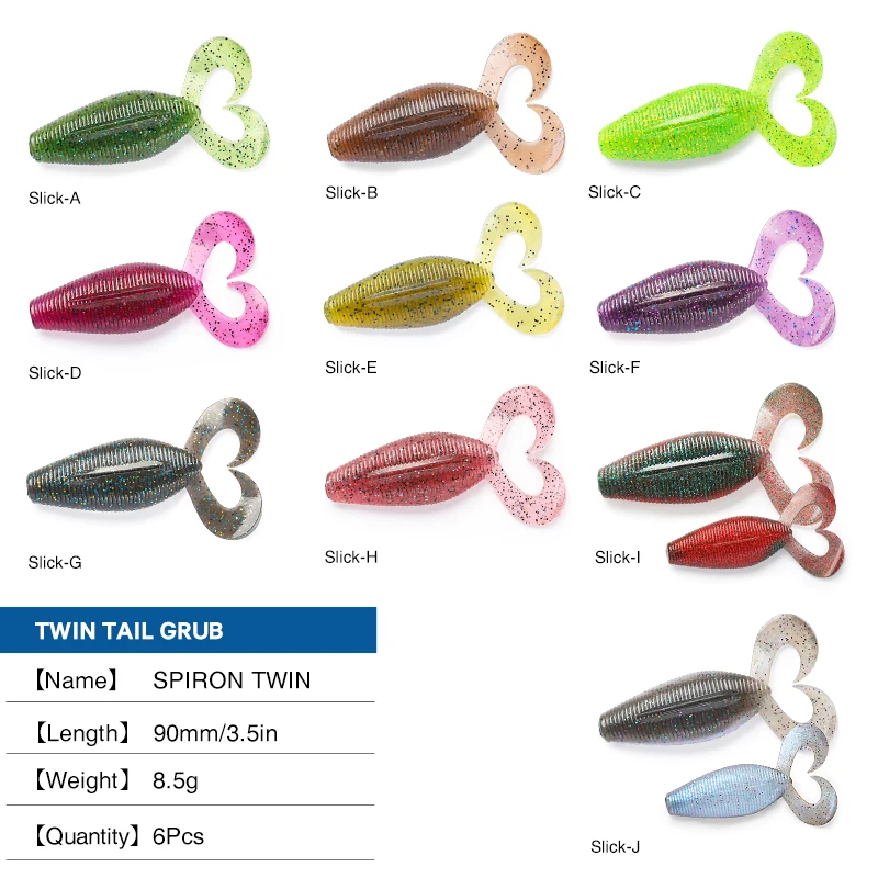 TSURINOYA 3.5in/90mm 6pcs Soft Bait 8.5g Twin Tail Grub Fishing Lure Silicone Pike Bass SPIRON TWIN Fishing Rig Tackle