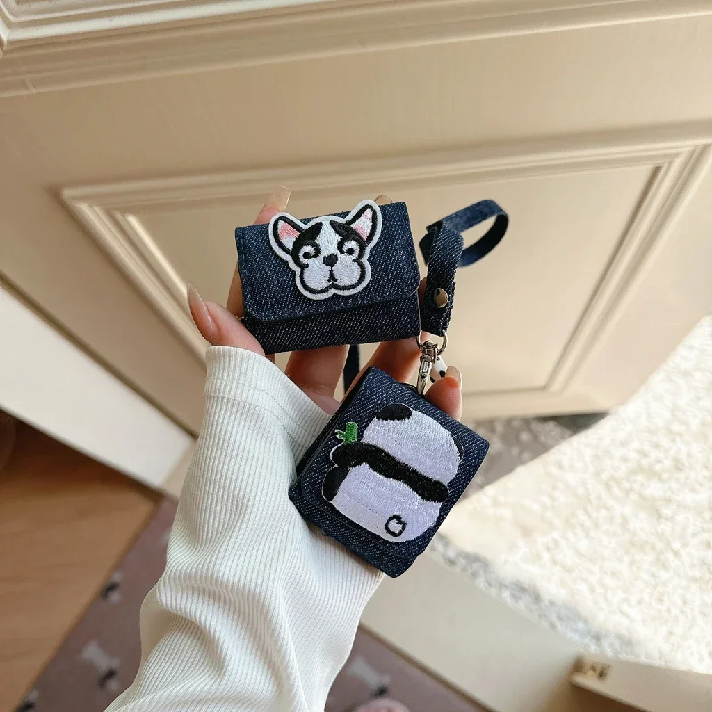 Cartoon Embroidery Dog Panda Cowboy Pattern Leather Lanyard Case Cover for AirPods 1 or 2 3 4 AirPods Pro Pro 2