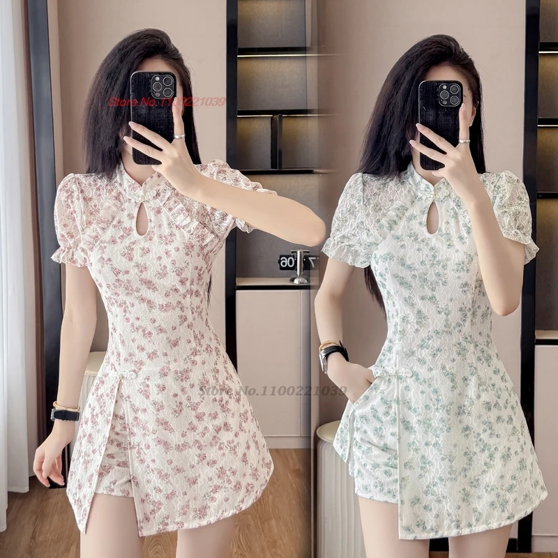 

2025 chinese sexy nightclub qipao improved cheongsam national flower print lace qipao dress+shorts hotel spa work dress qipao