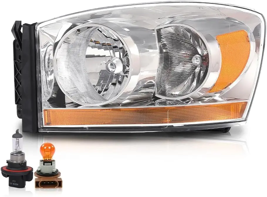 

Headlight w/Bulbs Light Bar Left Side Clear Lens Chrome Housing Amber Reflector Compatible with Dodge Ram 1500 2006-2008/Fits Do