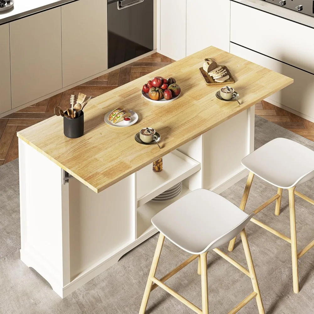 Grand îlot de cuisine avec prise de courant, dessus de table optique de ferme, espace de rangement organisé avec bois de caoutchouc, 59 po