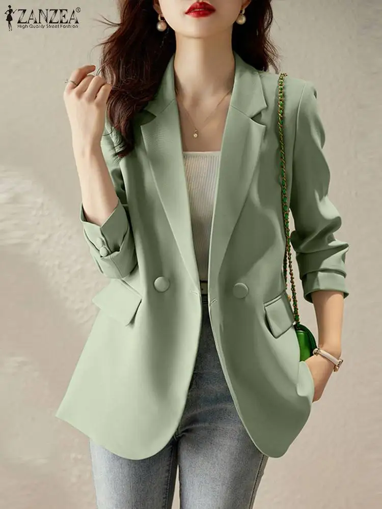 Women Spring Blazer Thin Fashion Casual Solid OL Work Suits Autumn Long Sleeve Coats Jackets ZANZEA Female Lapel Neck Tops