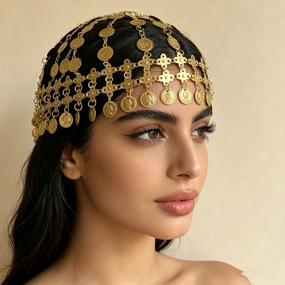 Vintage Fashion Hats - クラシックなヴィンテージゴールドコインの額飾り、通気性のあるメッシュキャップ＆多層コインタッセル付きファッションヘアチェーン（フェスティバル用）