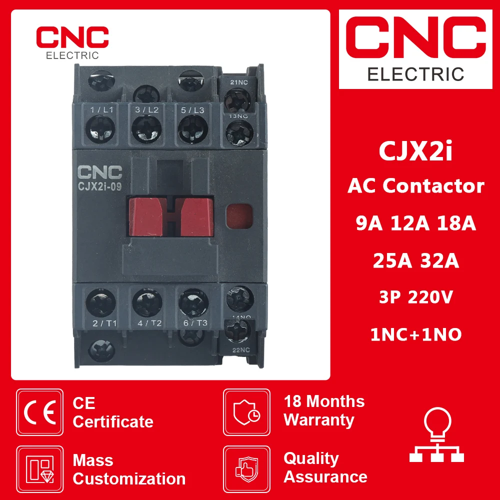 CNC CJX2i AC Contactor 3P 220V 50/60Hz 1NC+1NO Din Rail Mounted Household Modular 9A/12A/18A/25A/32A