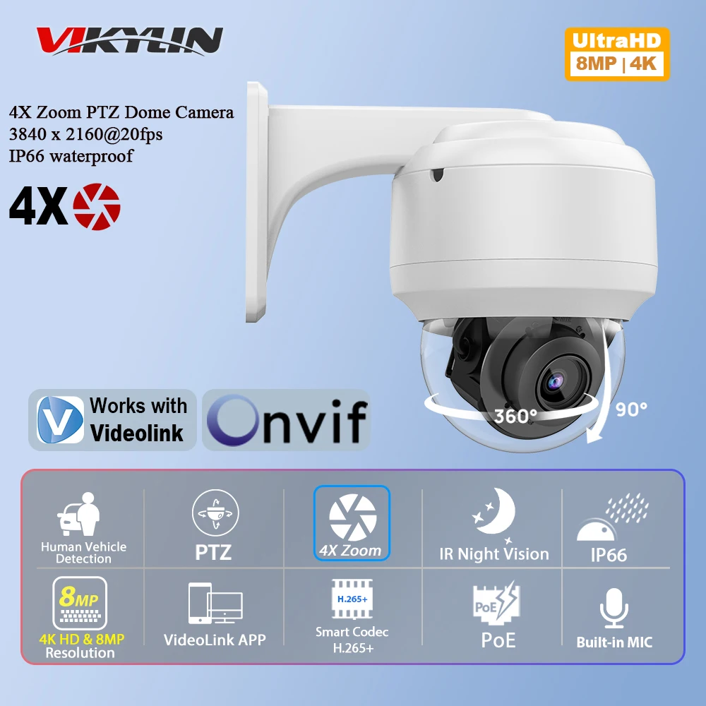 Vikylin 4K 8MP 4X zoom PTZ Dome IR Night Vision IP Camera For hikvision Compatible MD2.0 with MIC Outdoor video Security Camera