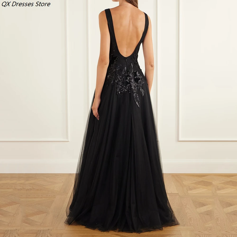 A-line Woman's Evening Dresses Floor-length V-neck Sleeveless Prom Dresses Fashion Sequined Beaidng Draped Customized Gowns
