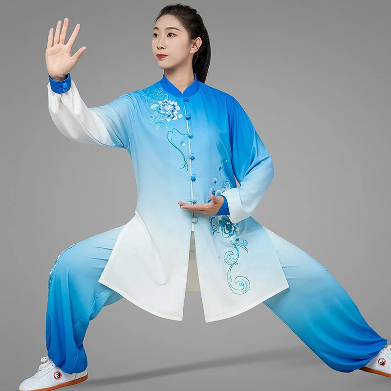 2026 New Blue Gradient Embroidered Peony Tai Chi Suit - Chinese Style Double Silk Linen Breathable Custom Performance Uniform fo