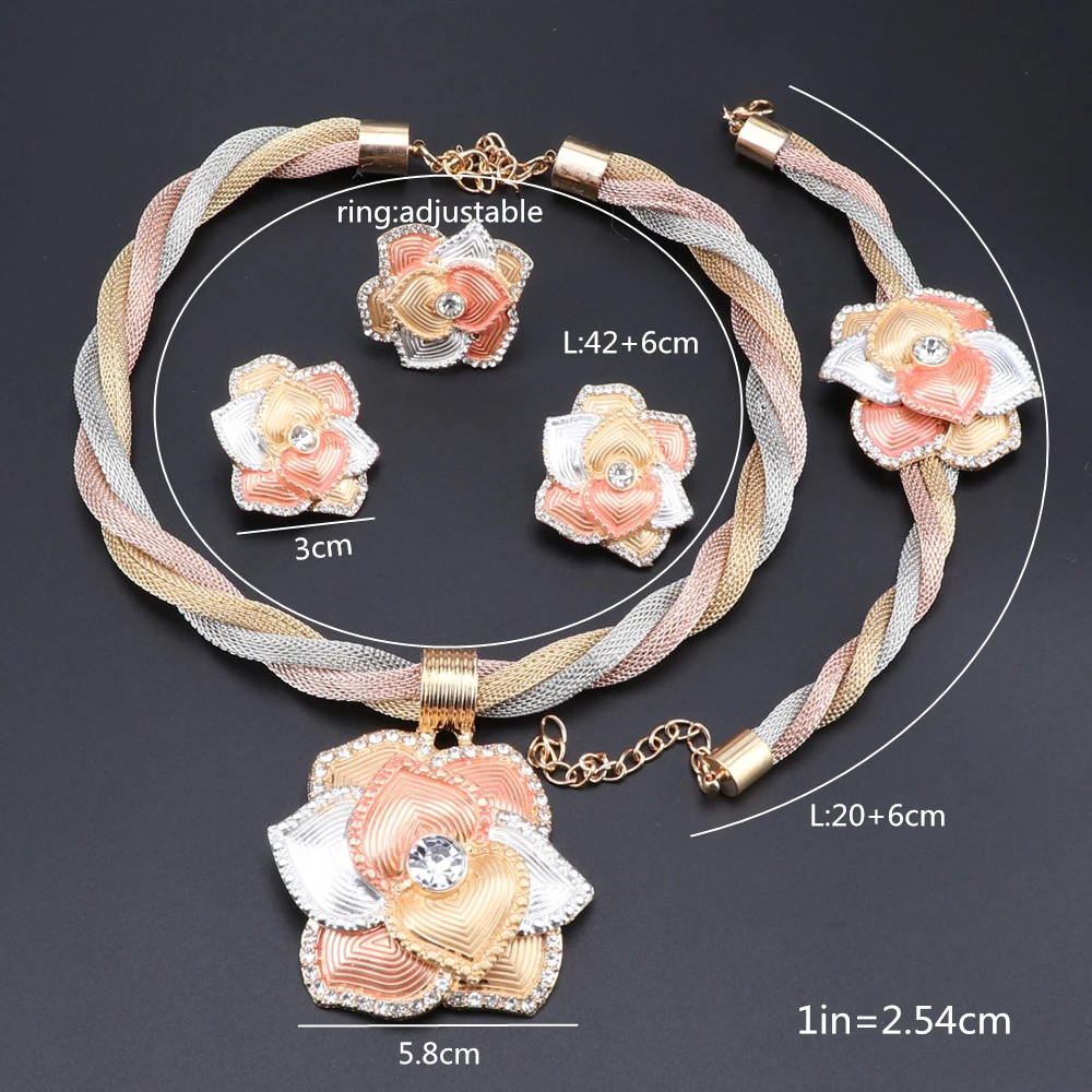 CYNTHIA Fashion Elegant Flower Pendant Necklace Jewelry Sets Luxury Crystal Dubai Bride Wedding Gold Color Jewelry Accessories