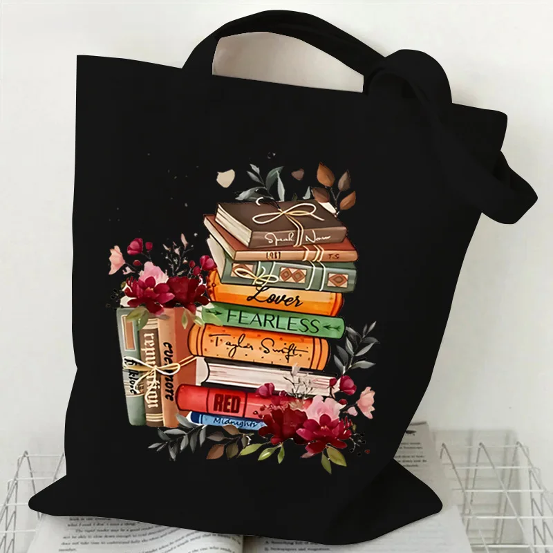 Women S Canvas Tote Shoulder Bag Book Pattern Floral Illustration Literary Design Vintage Elegant Artistic Flower Decoration